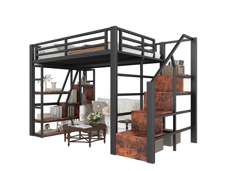  Lit mezzanine 140 x 200 cm avec rangements, échelle, led et garde-corps noir  - Conforama A