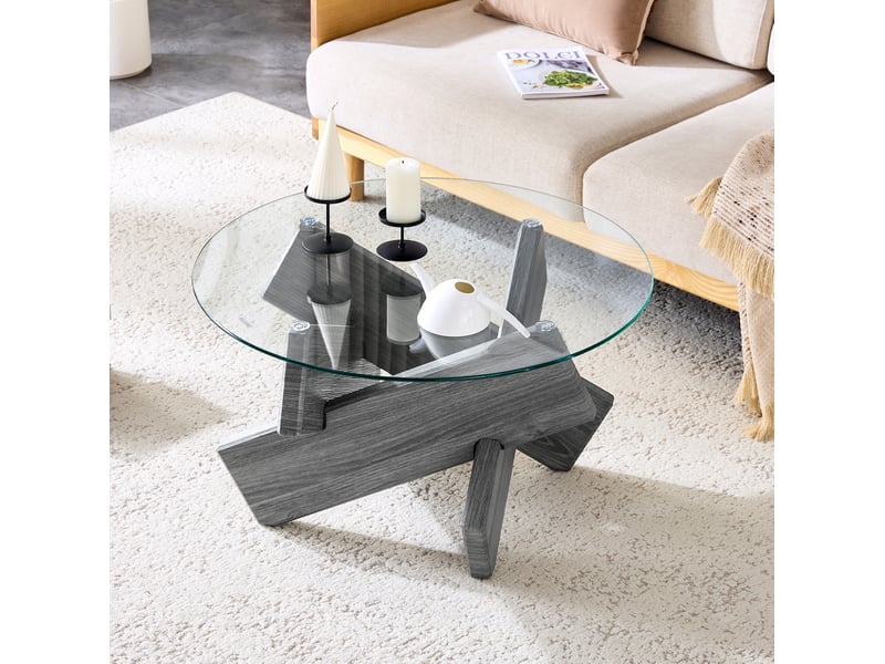  Table basse ronde 79 cm en verre trempé 8 mm et mdf gris, piètement croisé  - Conforama E