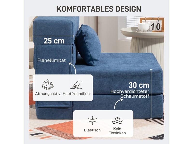 Fauteuil-lit 3-en-1 pliable,80x80x64 cm,tissu aspect flanelle,bleu foncé - Conforama D
