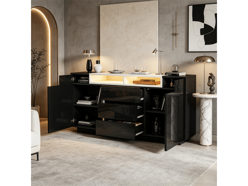  Buffet noir brillant 140 cm avec led - 2 portes 3 tiroirs - meuble salon de rangement  - Conforama E