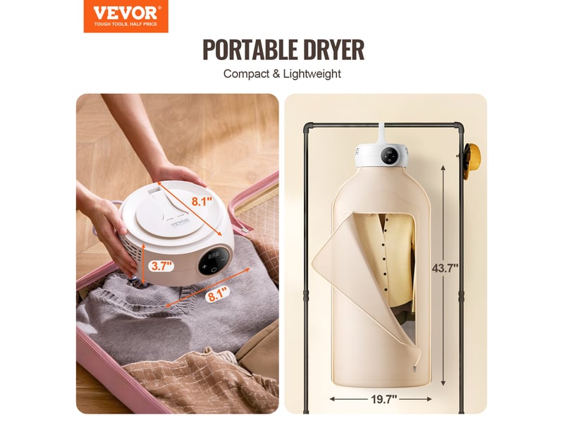  Sèche-linge électrique portable vevor 600 w, pliable avec chauffage ptc, minuterie 5 h et sac de séchage GR889 - Conforama B
