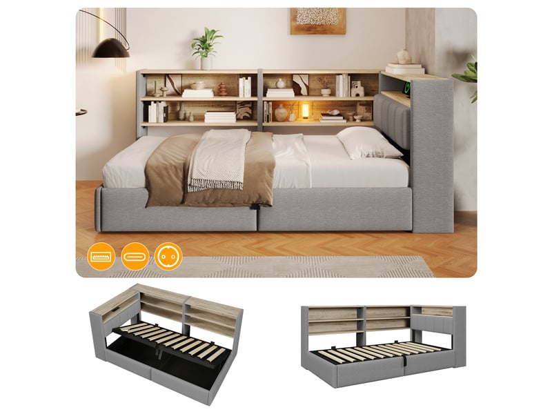 Lit coffre hydraulique 90x200 cm avec led, usb-c et tête réversible, velours gris, structure mdf, sans matelas - Conforama E