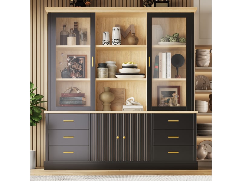  Buffet haut 140x40x185cm avec 6 grands tiroirs, portes vitrées et dispositif anti-basculement, meuble de rangement pour cuisine et salle à manger, noir evarich - Conforama B