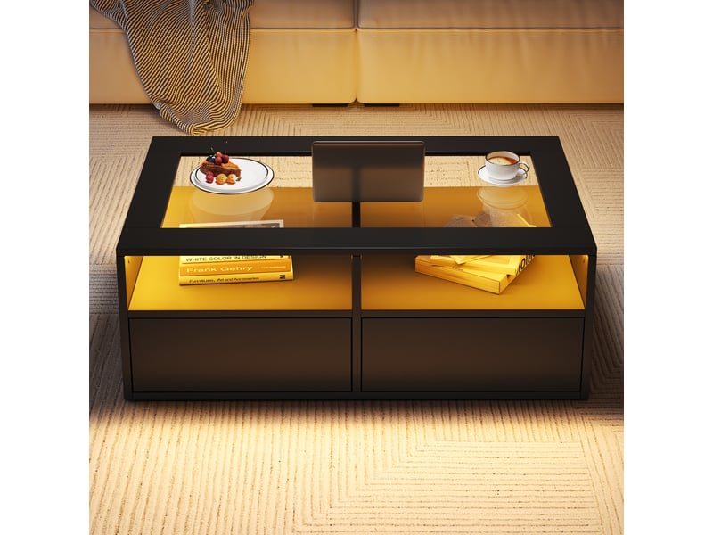 Table basse noire led en verre trempé avec 2 tiroirs et rangement ouvert 100x50x35 cm - Conforama C