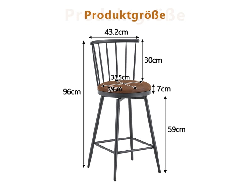  Tabouret de bar rembourré avec dossier courbé et repose-pieds, style industriel en tissu marron  - Conforama D