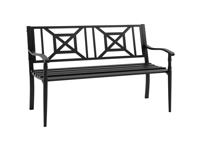  Banc jardin 2 places, acier, accoudoirs, dossier décoratif, terrassebalconpatio, max 240 kg, 128x62,5x81,5 cm, noir.  - Conforama A