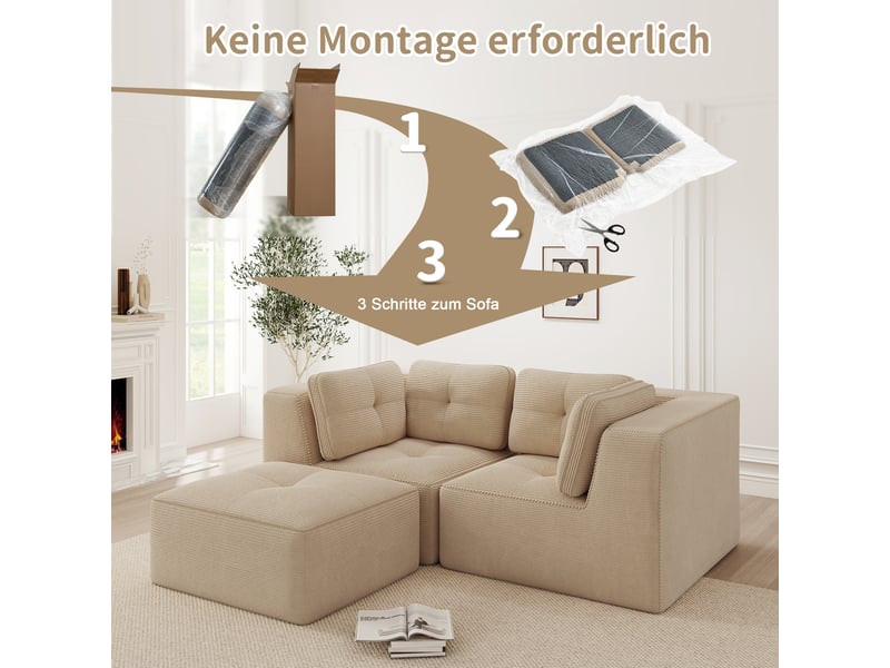 Canapé d'angle modulable 2 places en velours côtelé beige, sans montage, assise profonde, design sans cadre - Conforama W