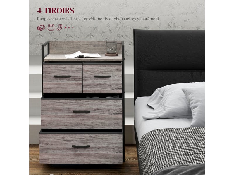  Meuble de rangement style industriel commode 4 tiroirs en tissu pliables et amovibles et 1 étagère 60 x 29 x 85 cm gris  - Conforama D