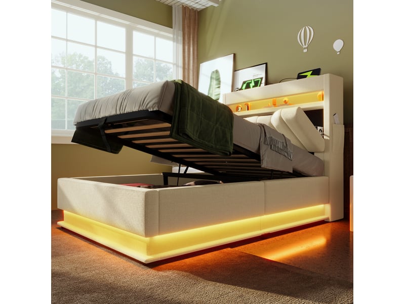 Lit coffre 1 place 90x200 cm avec led et ports usbtype-c, beige, revêtement en lin - Conforama B