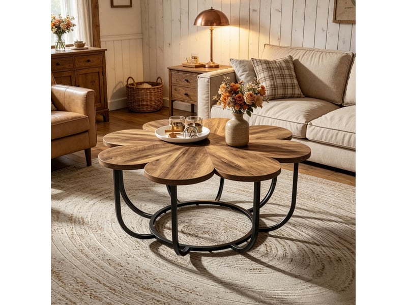 Table basse ronde 100x100x50 cm – noir et marron – plateau floral et piètement en métal courbé pour salon  - Conforama E