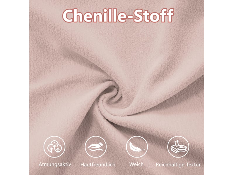 Canapé d’angle modulable 220x145x81 cm, accoudoirs spacieux et pouf, 2 coussins décoratifs, avec 2 coussins lombaires, chenille, rose - Conforama E