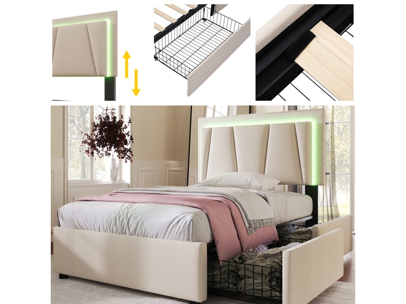  Lit simple 90x200 cm avec led et 2 tiroirs, cadre de lit avec tête de lit réglable en hauteur, beige, lit enfant avec matelas  - Conforama R
