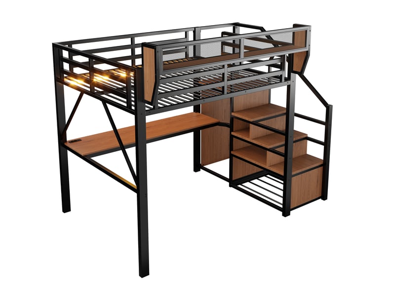  Lit mezzanine (140 x 200 cm), lit en métal avec bande lumineuse led, bureau long, échelle de sécurité et espace de rangement modulable – lit en métal universel pour adultes et enfants – noir  - Conforama D