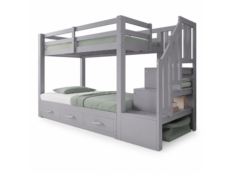 Lit superposé avec lit inférieur extensible 90x190 à 180x190 cm, rangements, gris - Conforama A