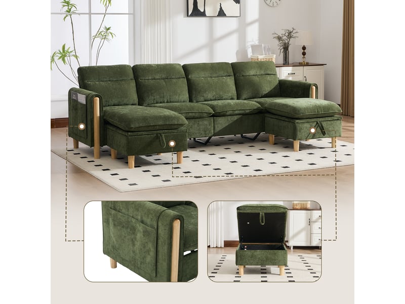 Canapé modulaire 4 places vert en chenille, deux poufs intégrés avec espaces de rangement dissimulés, style moderne - Conforama C