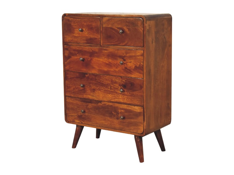  Artisan furniture commode incurvée en bois massif, finition châtaignier, 2 petits et 3 grands tiroirs  - Conforama B