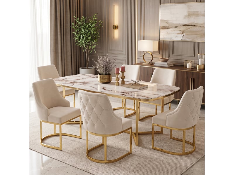  Chaises de salle à manger 6 pièces confortables respirantes style moderne pieds dorés velours beige doré  - Conforama B