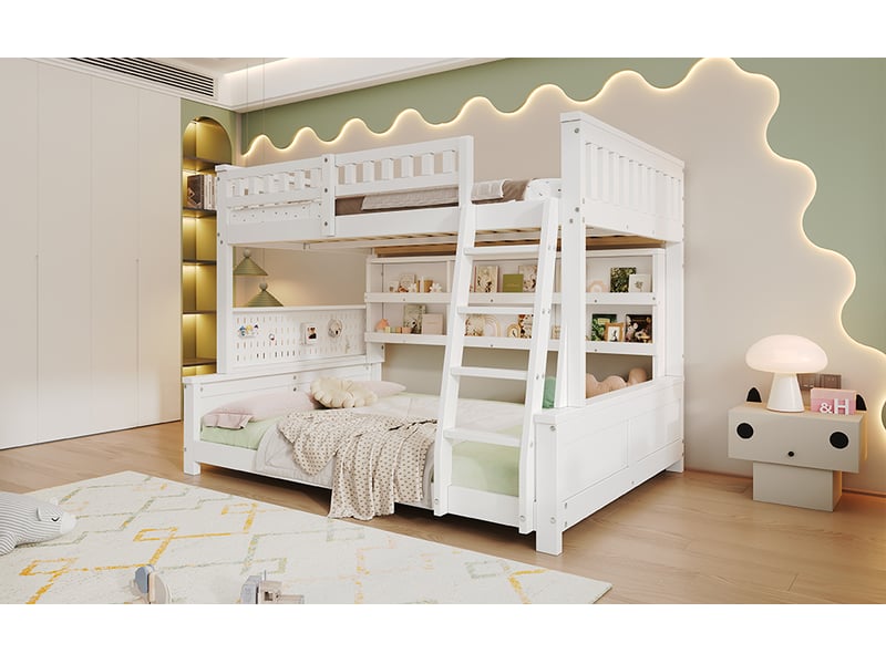  Lit superposé familial blanc séparable, couchages 120 x 200 et 140 x 200 cm, double étagère, panneau perforé et échelle  - Conforama B