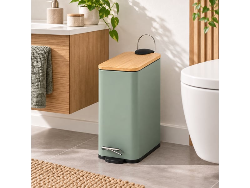 Poubelle à pédale en métal vert sauge et couvercle en bambou naturel avec seau intérieur amovible, capacité 5l - longueur 25 x profondeur 14 x hauteur 27 cm - Conforama B