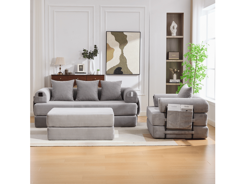  Canapé modulable 4 places modenvie avec fauteuil et pouf en velours côtelé gris clair 200 x 190 x 67 cm  - Conforama D