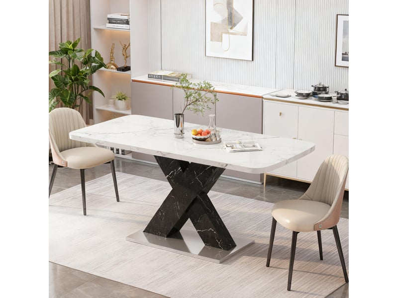  Table à manger extensible 120-160 cm, pieds croisés, plateau imitation marbre, panneau aggloméré et structure métallique bicolore blanc noir, table cuisine design  - Conforama E