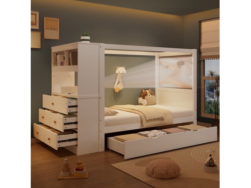 Lit enfant 90x200 cm avec barrière, rangement à 5 tiroirs et tiroir roulettes, blanc - Conforama D