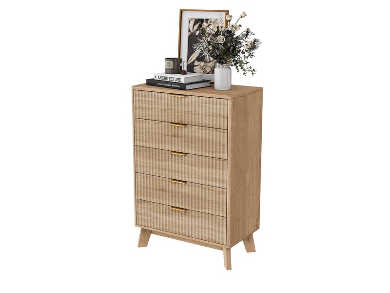 Commode 5 tiroirs - 73x40x108cm - chiffonnier en bois avec façades ondulées, poignées dorées & pieds massifs - chêne - Conforama A