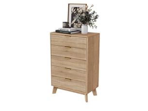 Commode 5 tiroirs - 73x40x108cm - chiffonnier en bois avec façades ondulées, poignées dorées & pieds massifs - chêne