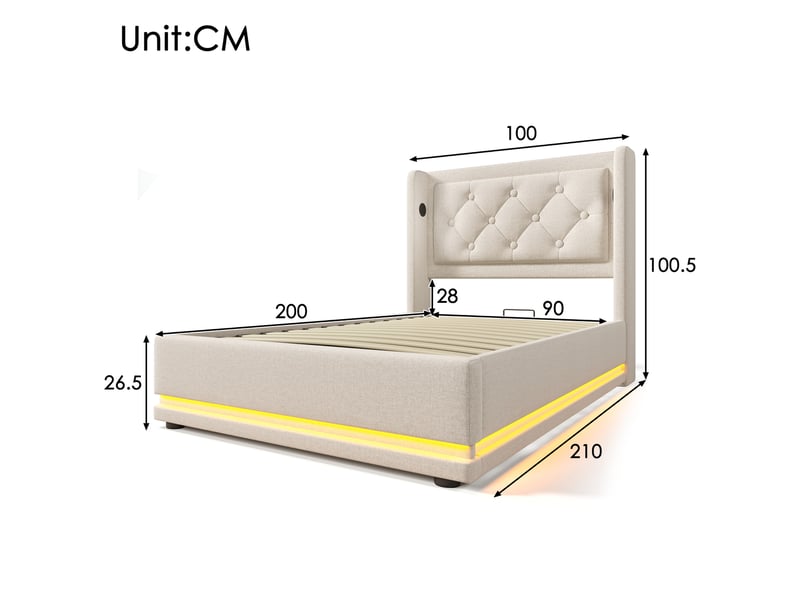  Lit coffre 90x200 cm beige en coton avec usb et type-c, tête de lit rembourrée et led sans matelas  - Conforama C