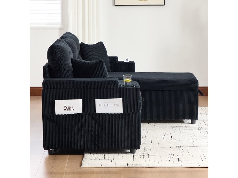  Méridienne canapé 3 places noir corduroy avec coffre de rangement et chargeur usb-c intégré  - Conforama E