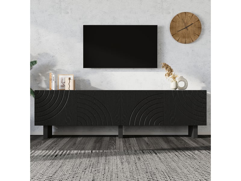  Meuble tv noir 180 cm banc tv 4 portes pour écran 75 pouces finition mate  - Conforama D
