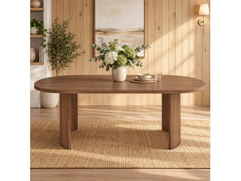 Table de salle à manger pour 6 à 8 personnes, plateau arrondi et pieds courbés, en mdf, noyer, 200 × 90 × 75 cm - Conforama E