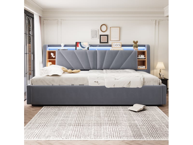  Lit coffre banquette 90x200 cm, rangement hydraulique, dossier avec niches, led et usb, velours gris foncé sans matelas  - Conforama B