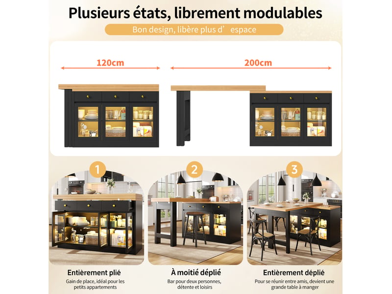  Desserte de cuisine extensible avec 3 tiroirs et 3 portes vitrées, led contrôlée par application, pour cuisine  - Conforama E