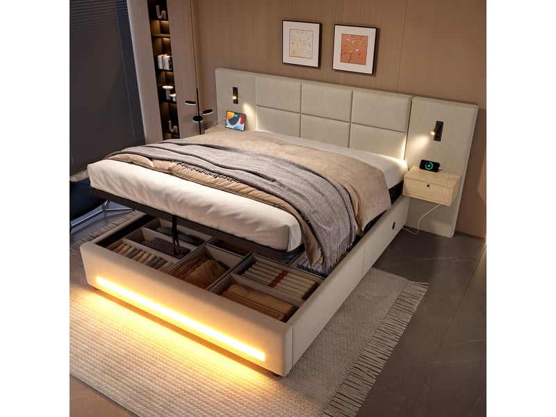 Lit coffre 160 × 200 cm en velours beige avec tiroirs, usb-c et led Fay Lum - Conforama E