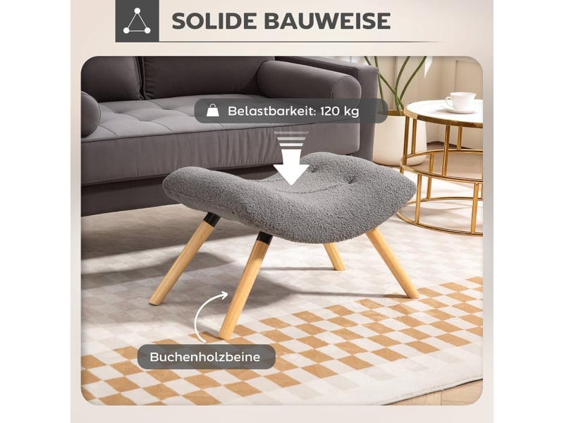  Tabouret, repose-pieds en tissu polaire berbère, tabouret rembourré capacité de charge jusqu'à 120 kg, pour salon, chambre, 67 x 45 x 38 cm, gris 838-482V00CG - Conforama E