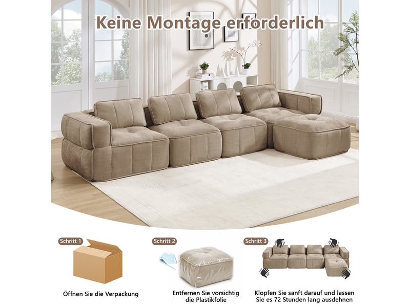 Canapé modulable en l 4 places avec pouf en polyester sable W3325S00520 - Conforama E