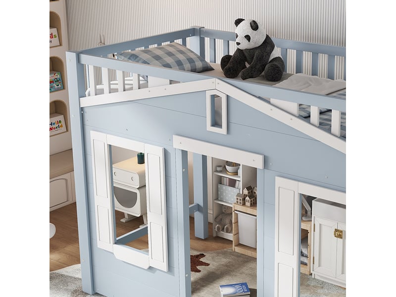  Lit mezzanine enfant 90 × 200 cm avec escalier réversible, fenêtre, espace libre dessous, sans matelas, bleu  - Conforama D