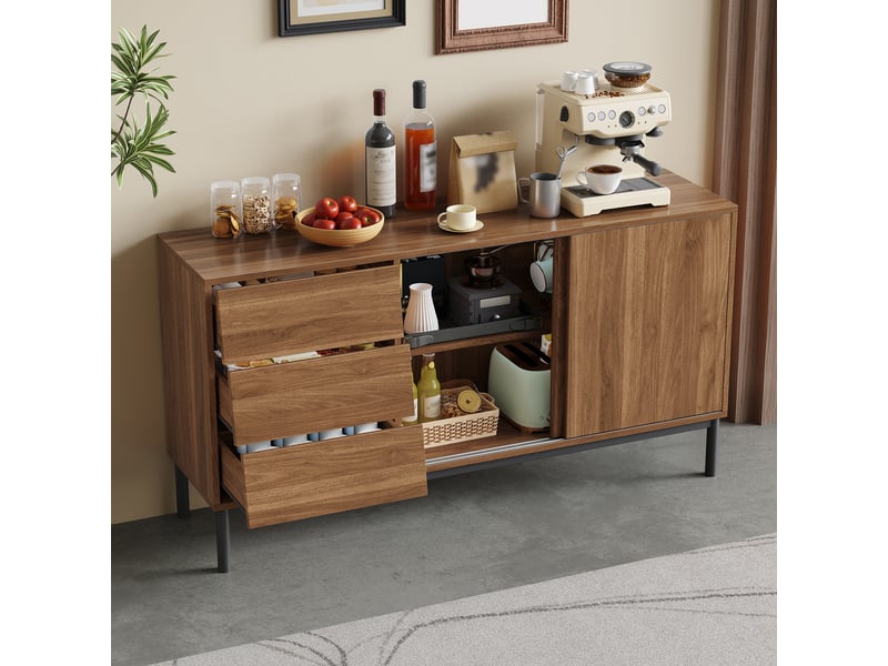 Buffet de cuisine 3 tiroirs et 2 portes coulissantes - lpospi - rangement sécurisé mdf naturel 150 × 40 × 80 cm - Conforama B