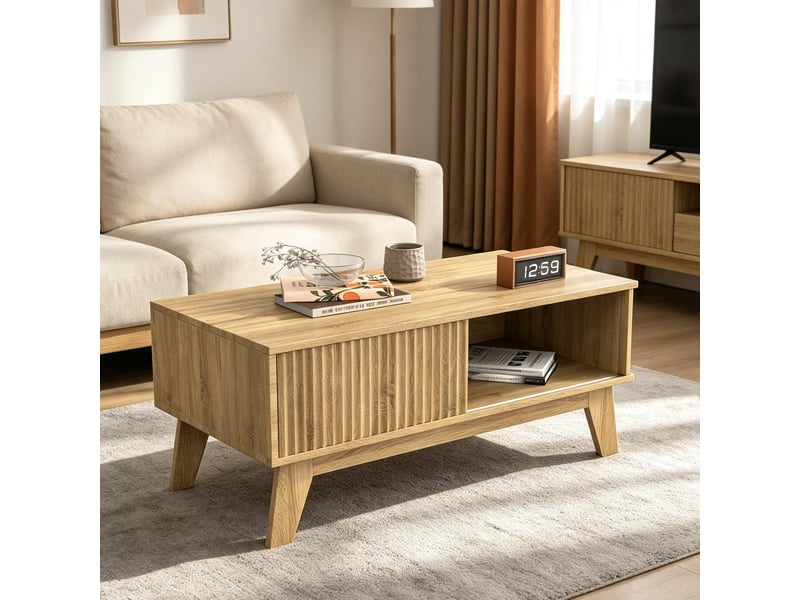  Table basse bois – porte coulissante – rangement double – design moderne – 95×48×41 cm  - Conforama B