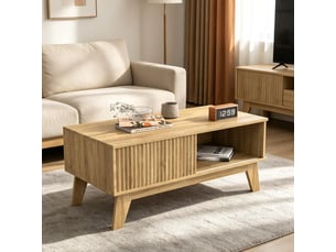 Table basse bois – porte coulissante – rangement double – design moderne – 95×48×41 cm