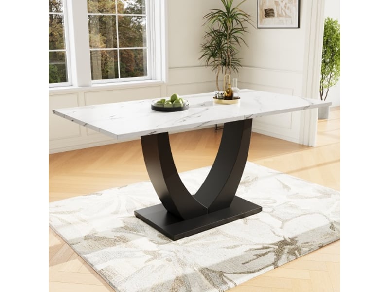 Table à manger moderne 140×75,5 cm – plateau imitation marbre, piètement métal, pieds réglables, blancnoir - Conforama B