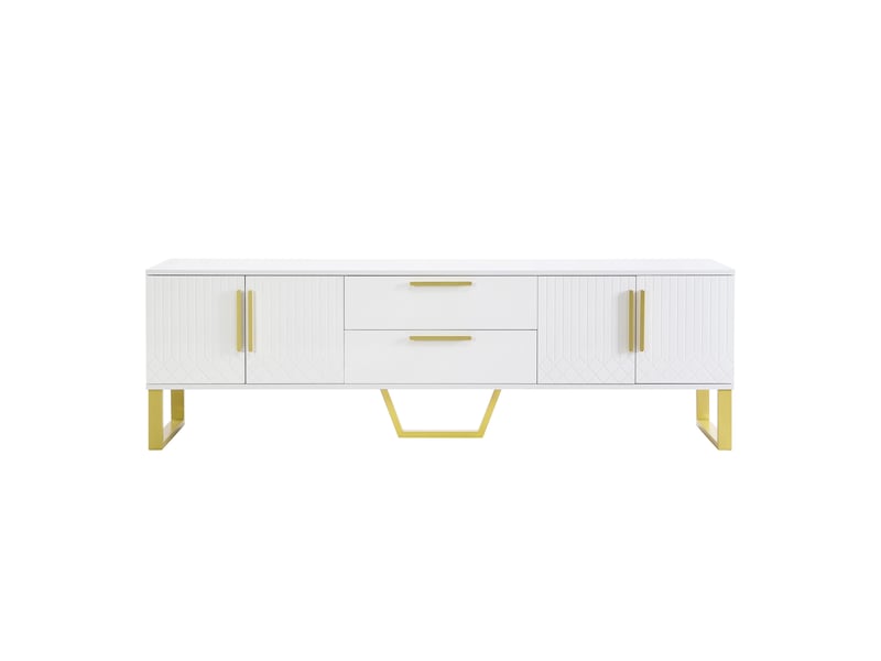 Meuble tv blanc brillant 170 cm avec poignées dorées et 4 portes  - Conforama A