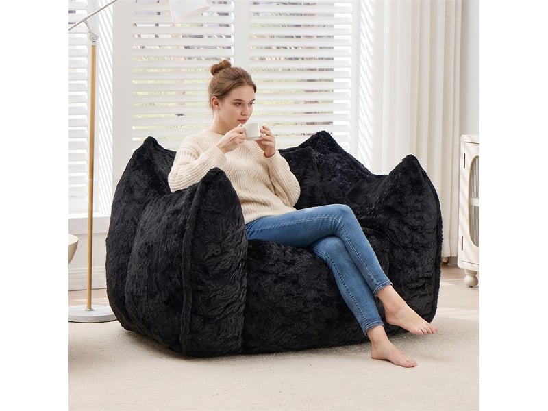  Fauteuil poire 1 place - 123x97x73cm - avec oreiller de confort - pouf géant en fourrure synthétique noir  - Conforama D