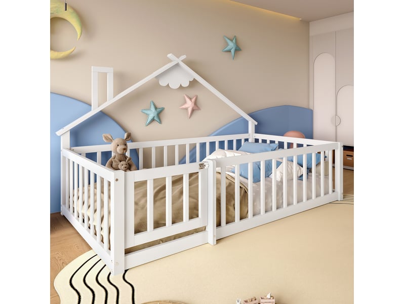 Lit cabane 90x190 cm blanc en bois de pin et mdf avec barrière verrouillable - Conforama E