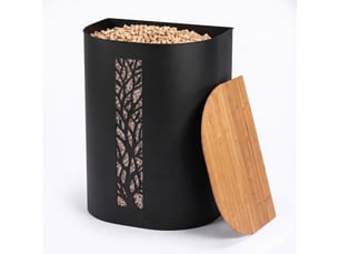 Casabel réservoir pellets & granulés avec roulettes, cap. 45kg, métal noir, couvercle bambou, pour poêle à granulés
