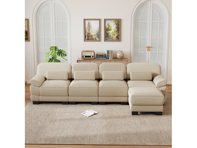  Canapé modulable angle l 4 places 336x161x94 cm, cadre solide, assise profonde, avec pouf, en velours côtelé, beige  - Conforama D