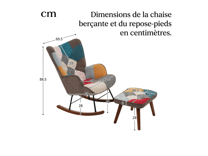  Fauteuil à bascule avec repose-pieds patchwork coloré pieds bois  - Conforama C