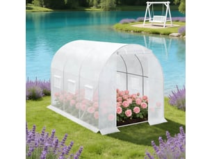 Serre de jardin tunnel 6 m² blanche en acier galvanisé et toile pe, avec porte zippée et 6 fenêtres ouvrantes