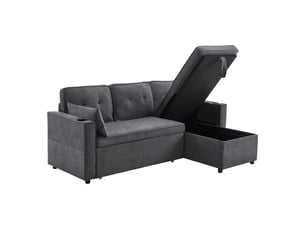 Canapé d’angle convertible en l 3 places avec méridienne réversible, fonction lit, coffre de rangement, porte-gobelets, poches latérales et 2 coussins - gris